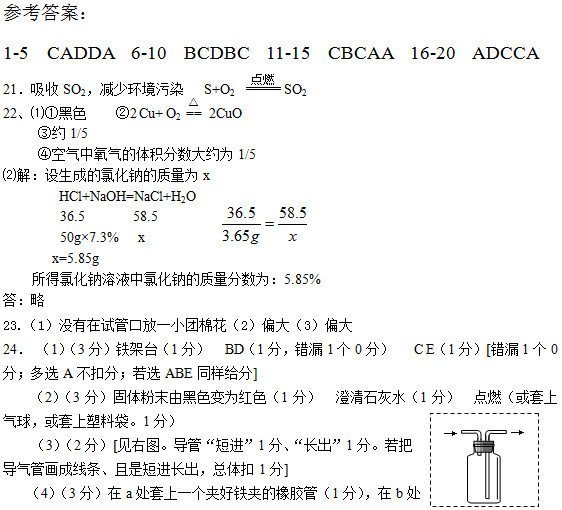 1-5 CADDA 6-10 BCDBC 11-15 CBCAA 16-20 ADCCA  21.SO2ٻȾ S+O2 SO2  22Ţٺɫ 2 Cu+ O2 ==() 2CuO  Լ1/5  ܿԼΪ1/5  ƽ⣺ɵȻƵΪx  HCl+NaOH=NaCl+H2O  36.5 58.5  50g7.3% x  x=5.85g  ȻҺȻƵΪ5.85%    23.(1)ûԹܿڷһС޻(2)ƫ(3)ƫ  24. (1)(3)̨(1) BD(1֣©10) C E(1)[©10;ѡA۷;ѡABEͬ]      (2)(3)ĩɺɫΪɫ(1) ʯˮ(1) ȼ(򣬻ϴ1)  (3)(2)[ͼܡ̽1֡1֡  ܻǶ̽1]  (4)(3)aһке𽺹(1)b